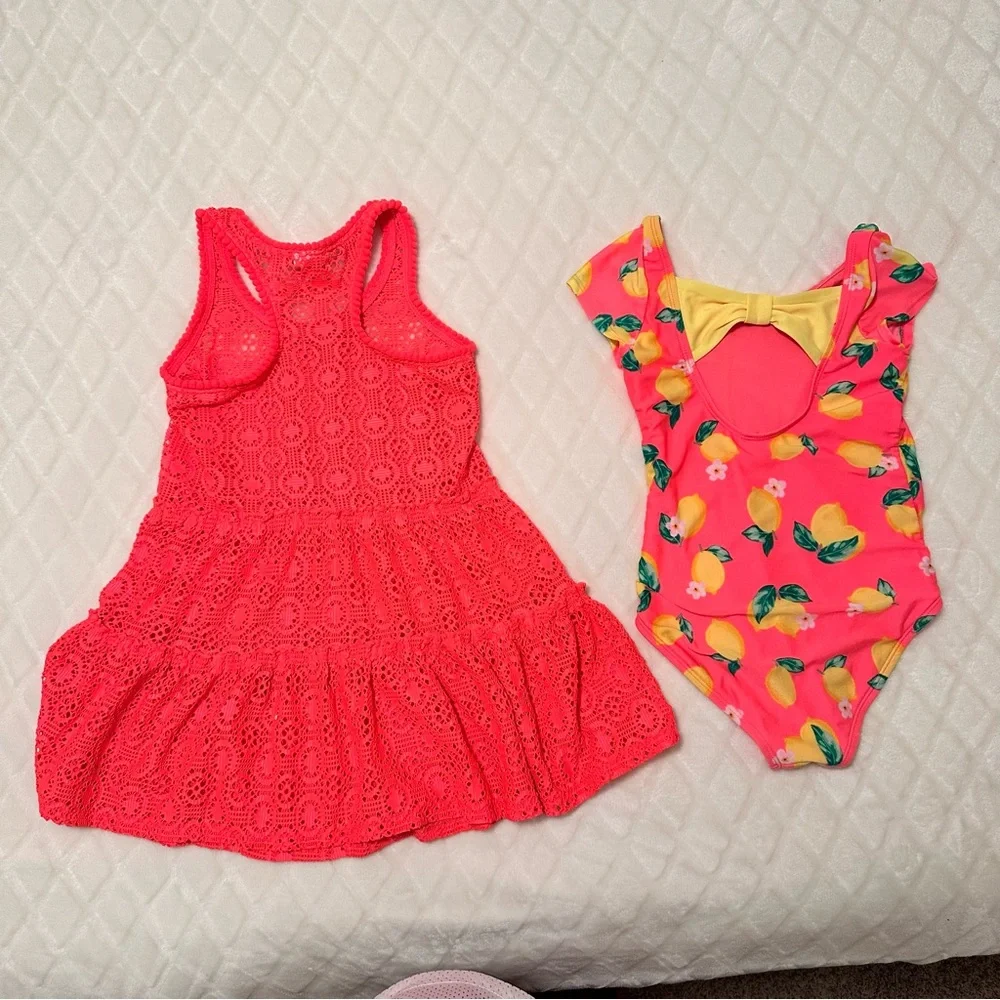 Cat & Jack Lemon Print Swimsuit and Beach Lace Coverup Dress Set
